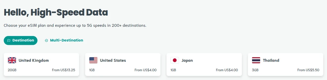 Sim Local destination list showing country names and starting data prices